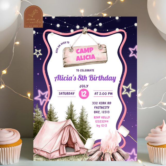 Rosa lila Mädchen Camping Geburtstag  Einladung (Von Creator hochgeladen)