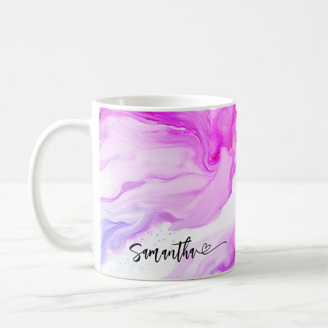 Rosa Lila Marmor Personalisierter Name Herz Kaffeetasse (Links)