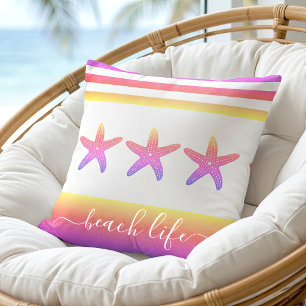 Rosa lila Ombre 3 Seesterne Strandleben Schrift Kissen