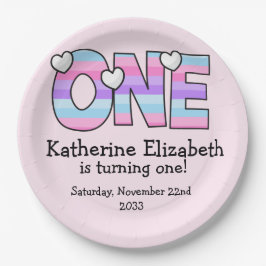 Rosa Lila Ombre Streifen Herzchen ersten Geburtsta Pappteller