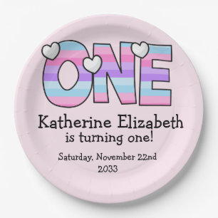 Rosa Lila Ombre Streifen Herzchen ersten Geburtsta Pappteller