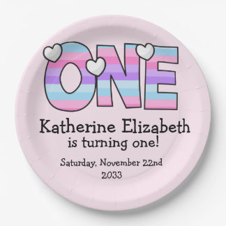 Rosa Lila Ombre Streifen Herzchen ersten Geburtsta Pappteller