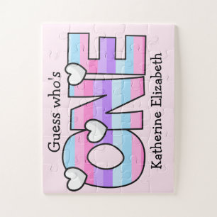 Rosa Lila Ombre Streifen Herzchen ersten Geburtsta Puzzle