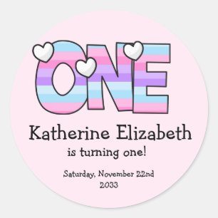 Rosa Lila Ombre Streifen Herzchen ersten Geburtsta Runder Aufkleber