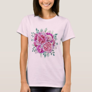Rosa Lila Peony-Blume und grüne Blätter T-Shirt