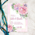 Rosa-lila-Pfannkuchen Einladung<br><div class="desc">Pink lilac peonies floral elegante Hochzeitsvorlage mit QR Code UAWG Details auf der Rückseite.</div>