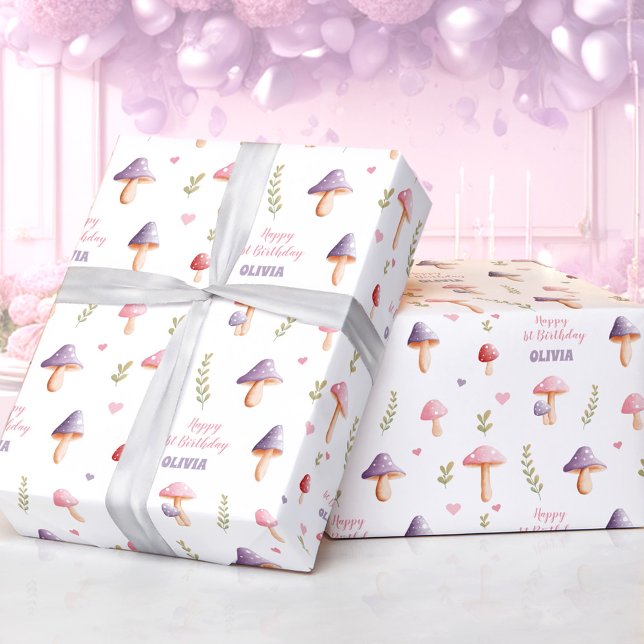 Rosa Lila Pilze Fallen Name Wrapper Geschenkpapier (Pink Purple Mushrooms Fall Name Wrapping Paper)