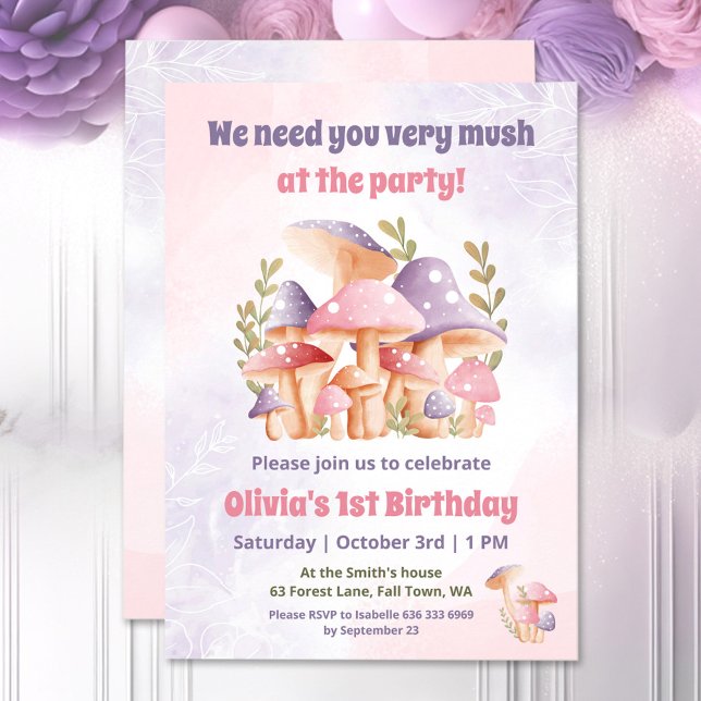 Rosa Lila Pilze Herbst 1. Geburtstag Einladung (Pink Purple Mushrooms Fall 1st Birthday Invitation)