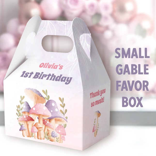 Rosa Lila Pilze Herbst 1. Geburtstag Gabel Geschenkschachtel (Mushrooms Small Gable Favor Boxes - You can choose from 3 sizes of these gable favor boxes)