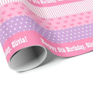 Rosa lila Polka-Punkt-Streifen-Herz-Muster Geschenkpapier