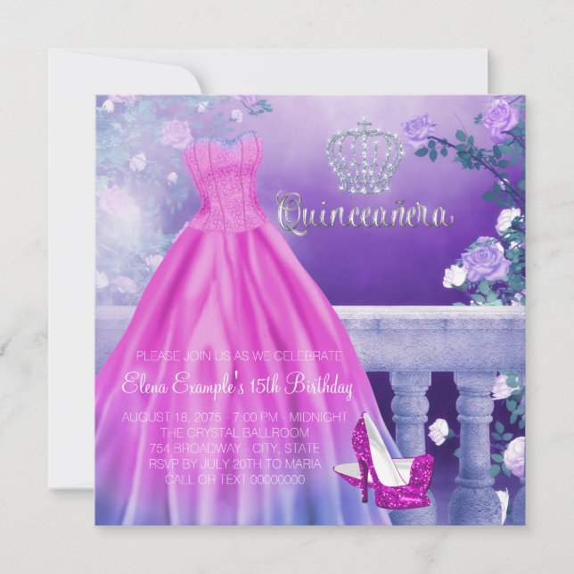 Rosa Lila Prinzessin Quinceanera Einladung (Vorderseite)