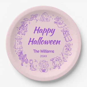 Rosa Lila, raue Hand Drawn Happy Halloween Pappteller
