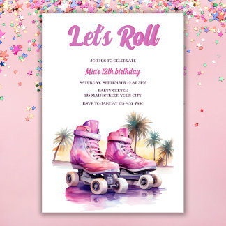 Rosa Lila Roller Skate Tropical Birthday Party Einladung