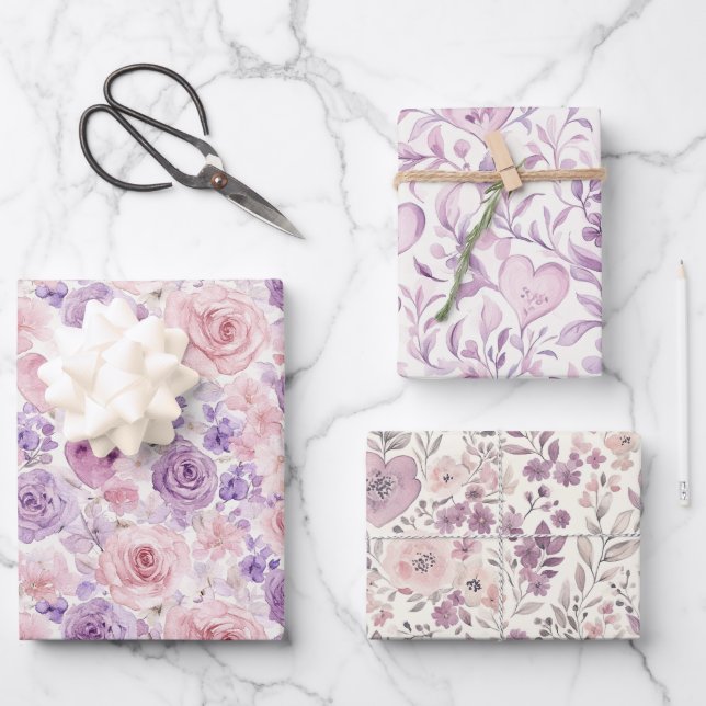 Rosa lila rosafarbene Blumen Herzen Brautparty Geschenkpapier Set (Vorderseite)