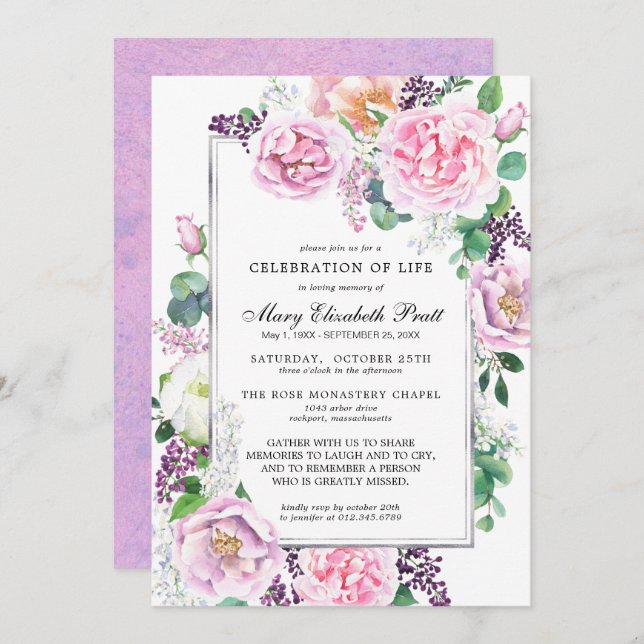 Rosa Lila Rose Blumenfeier Einladung (Vorne/Hinten)