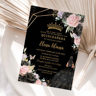 Rosa Lila Rose Dress Gold Quinceañera XV Einladung