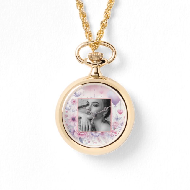 Rosa lila Rose Herz Foto Aquarell Armbanduhr (Vorderseite)