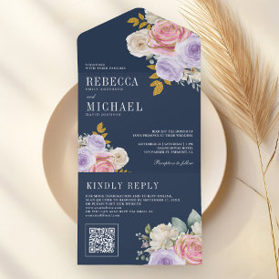 Rosa lila Rosen Floral QR Code Marineblau Hochzeit All In One Einladung