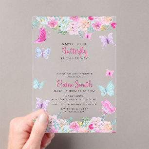 Rosa lila Schmetterling Baby Shower Acryleinladungen