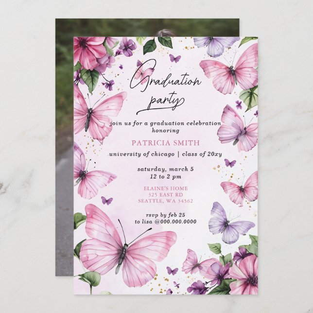 Rosa Lila Schmetterlinge Foto Graduation Party Einladung (Vorne/Hinten)
