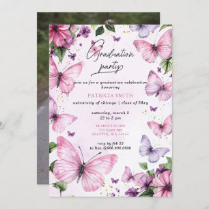 Rosa Lila Schmetterlinge Foto Graduation Party Einladung