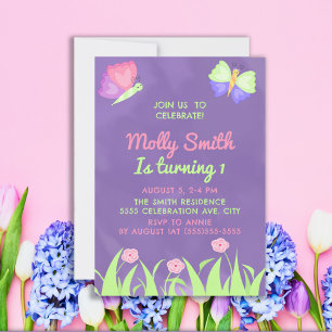 Rosa Lila Schmetterlinge Mädchen 1. Geburtstag Einladung