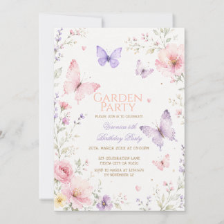 Rosa lila Schmetterlings-Gartenparty-Geburtstag  Einladung
