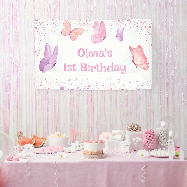 Rosa lila Schmetterlings-Geburtstag Banner (Party)