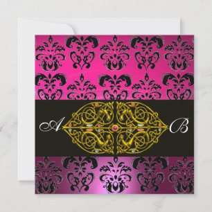 ROSA LILA SCHWARZ DAMAST MONOGRAMM, Fuchsia, Gold Einladung
