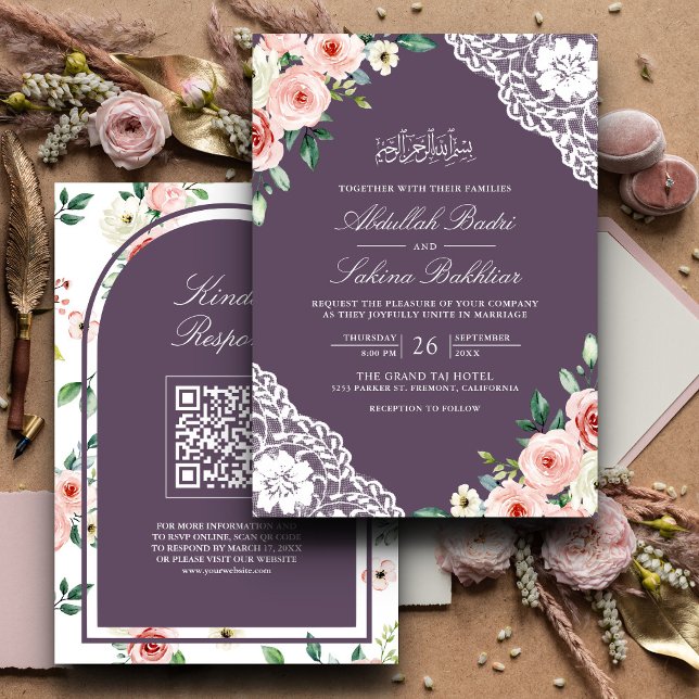 Rosa Lila Spitzen QR-Code für muslimische Hochzeit Einladung (Von Creator hochgeladen)