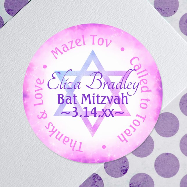 Rosa Lila Star Bat Mitzvah Gastgeschenk Sticker (pink party favor personalized bat mitzvah sticker round pink star of david cute girls envelope seal)