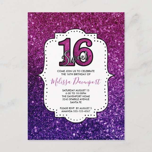 Rosa & Lila Sweet 16 Sparkle Glitzer Edelsteine Postkarte (Vorderseite)