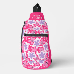 Rosa lila tropische Blumige Personalisierter Name Crossbody Bag