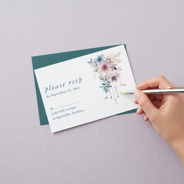 Rosa lila und blaue Blumen und Schmetterlinge RSVP Karte (pink purple and blue flowers and butterflies RSVP card.)