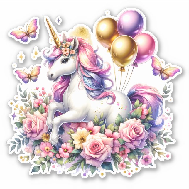 Rosa Lila und Gold Einhorn Geburtstag Aufkleber (Vorderseite)