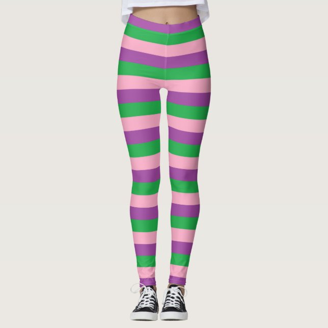 Rosa, Lila und grüne Streifen Leggings (Vorderseite)