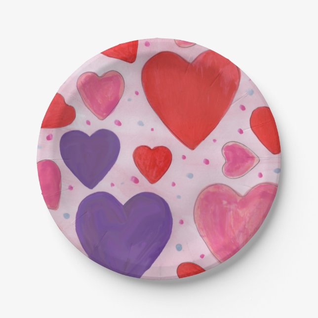 Rosa Lila und rote Valentintagsherzen Pappteller (Vorderseite)