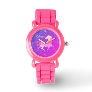 Rosa lila Unicorn-Glitzer-Uhr-Name Armbanduhr