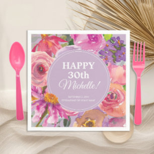Rosa lila Wasserfarbe Blumen 30. Geburtstag Serviette