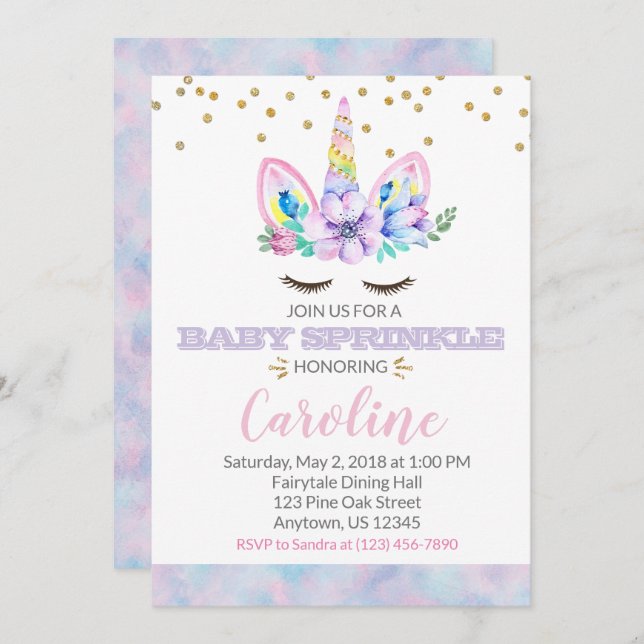 Rosa Lila Wasserfarbe Einhorn Baby Sprinkle Einladung (Vorne/Hinten)