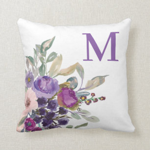Rosa-lila Wasserfarben Floral Monogramm Kissen