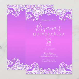 Rosa Lila Weiße Spitze Elegante Quinceañera-Party  Einladung