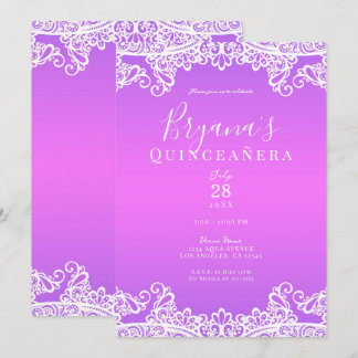 Rosa Lila weiße Spitze Elegantes Quinceñera Party Einladung