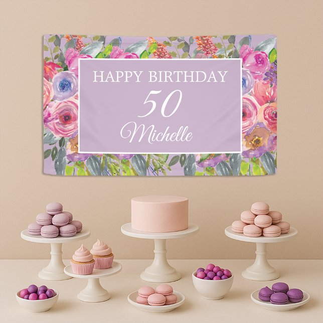 Rosa Lila Wildblumen Glücklich 50. Geburtstag Banner (Elegant purple and pink watercolor floral 50th birthday party banner)