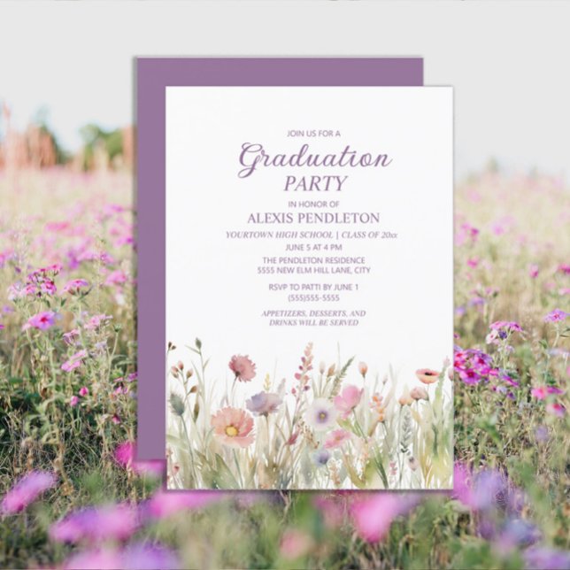 Rosa Lila Wildblumen High School Abschluss Einladung (Wildflowers purple graduation party invitations)
