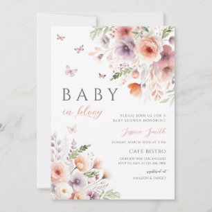 Rosa lila Wildblumen-Schmetterling-Baby-Party Einladung