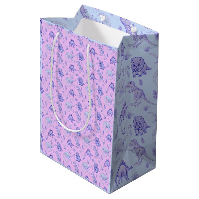 Rosa, Lilac, Blau und Lila Dinosaurier-Geschenktas Mittlere Geschenktüte (Rückseite Schrägansicht)