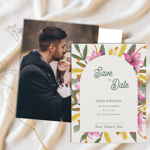 Rosa Lilie Gebogene Foto Hochzeit Save the Date Ankündigungspostkarte