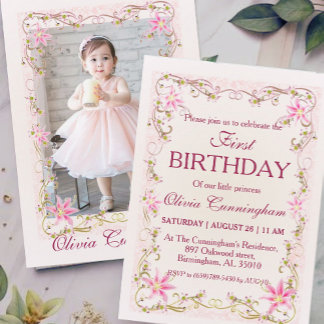 Rosa Lilie mit Foto Einladung zum Geburtstag