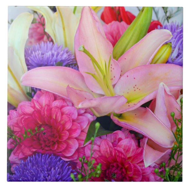 Rosa Lilie und Dahlia Blume druckende Keramik Fliese (Vorderseite)